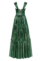 Emerald Green Shiny maxi evening dress with an off the shoulder neckline