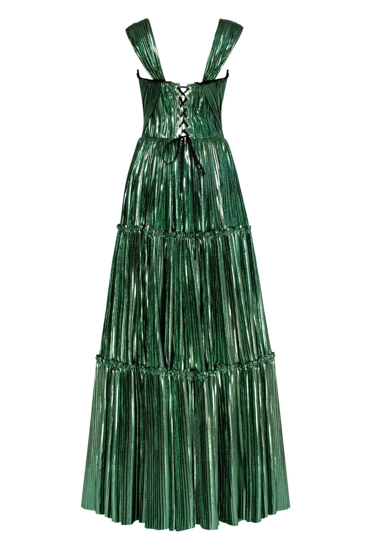 Emerald Green Shiny maxi evening dress with an off the shoulder neckline