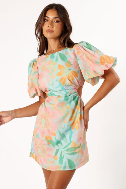 Natalie Puff Sleeve Mini Dress Coral Print