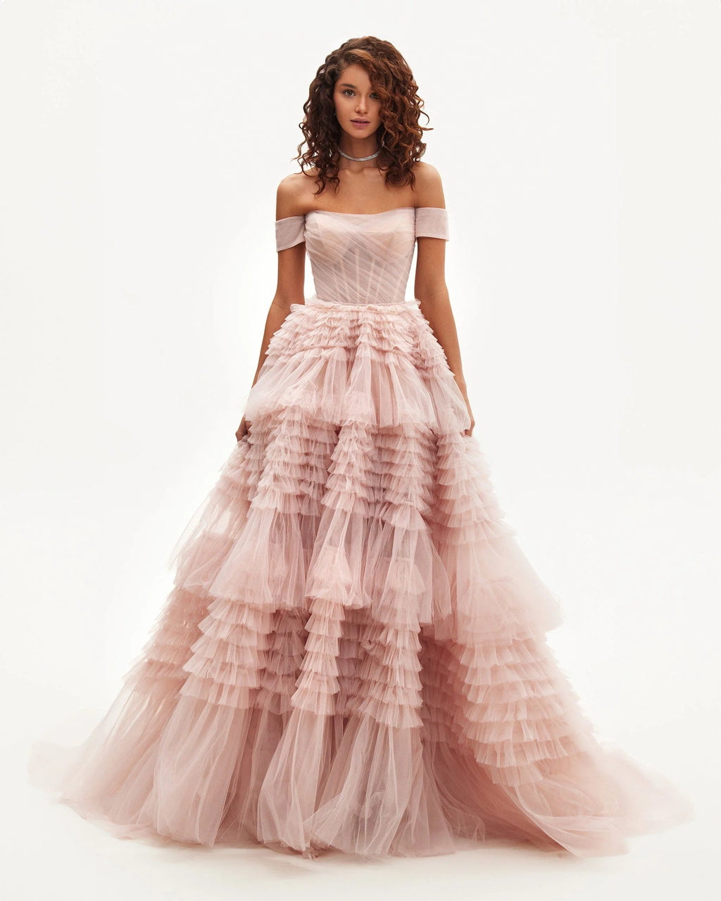 Misty Rose Off The Shoulder Frill Layered Gown