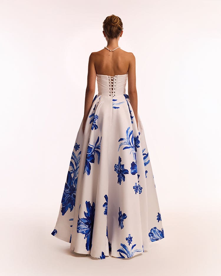 Wonderful white A line maxi dress with blue flowers Glow Up
