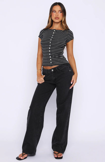 You Were Right Striped Button Up Top Dark Grey Black Stripe