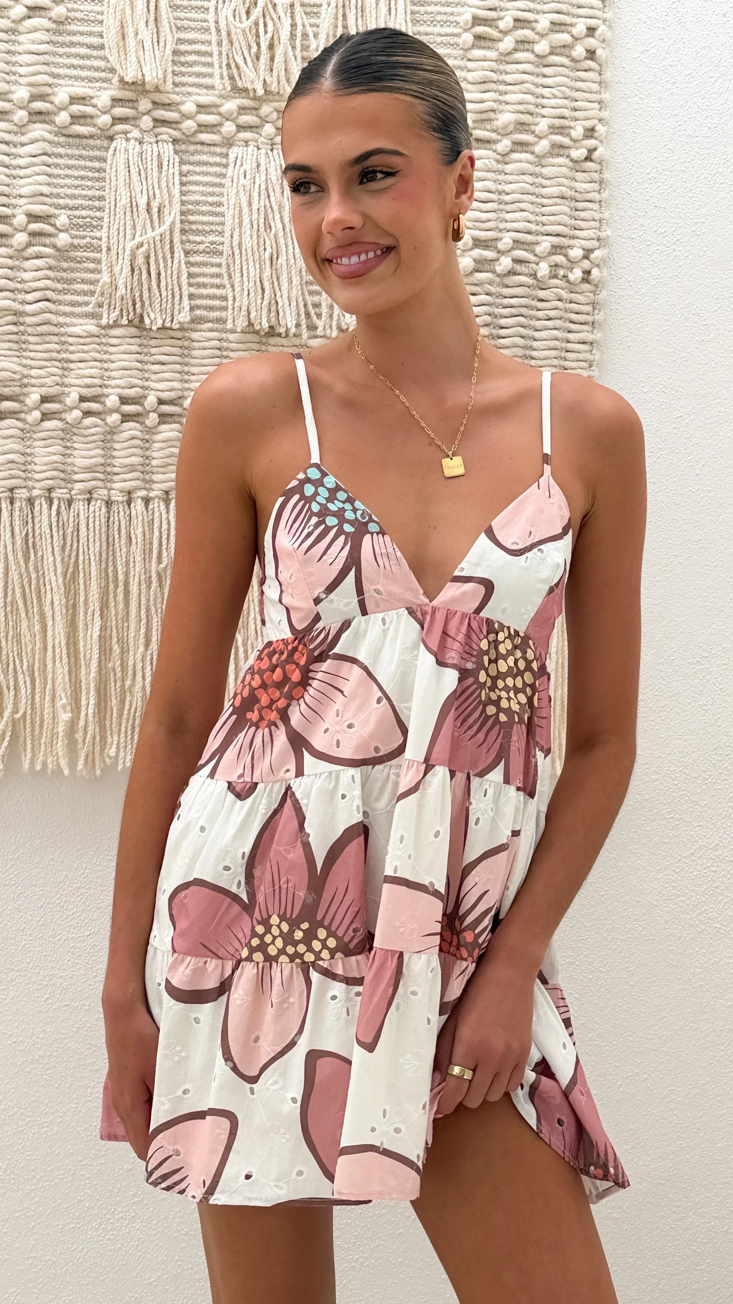 Maisie Eyelet Mini Dress Botanic Pink Print