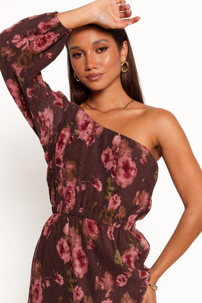 Pontee One Shoulder Pleated Midi Dress Chocolate Brown