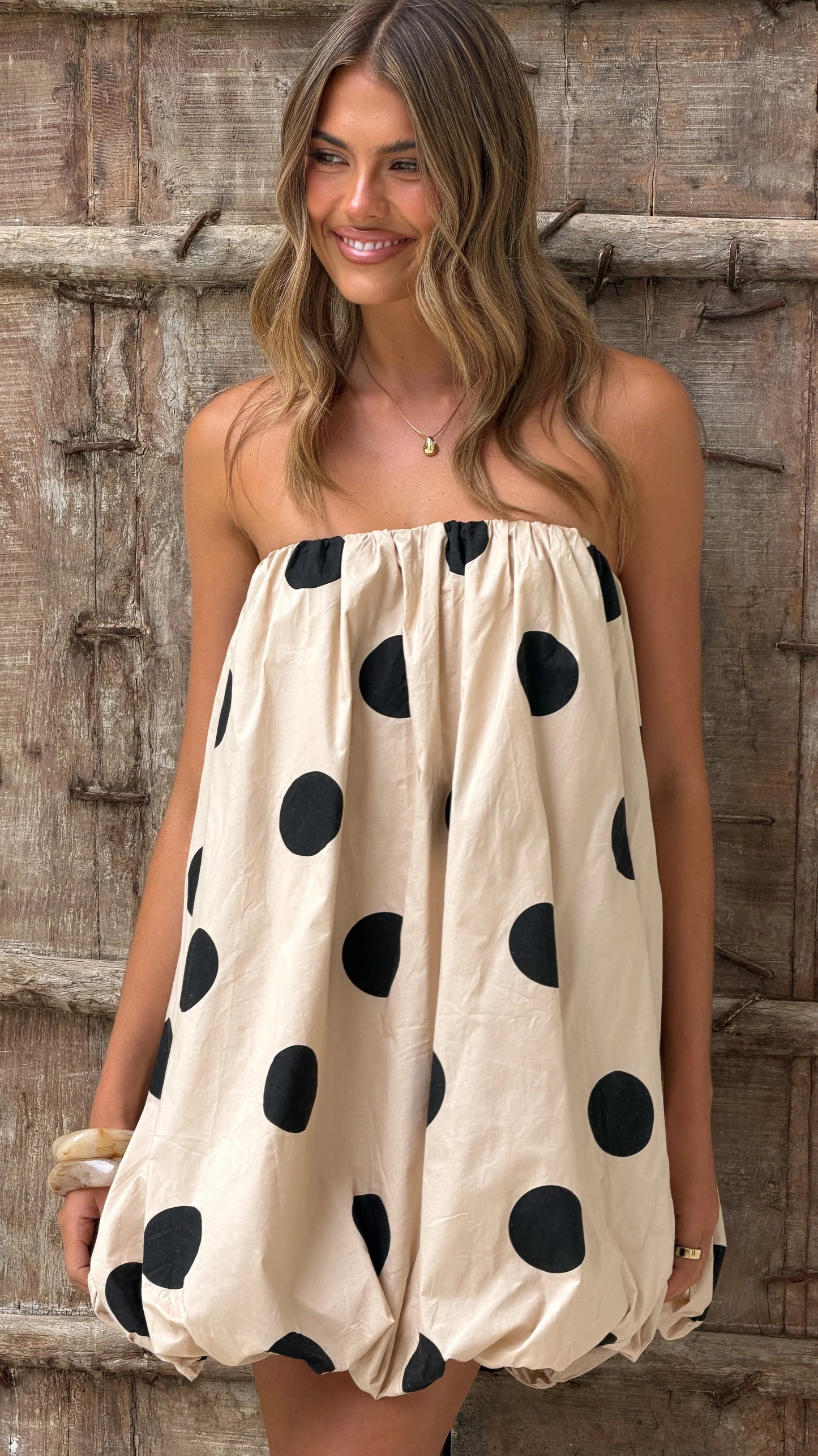 Everly Strapless Mini Dress Oat Black Polka