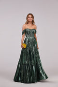 Emerald Green Shiny maxi evening dress with an off the shoulder neckline