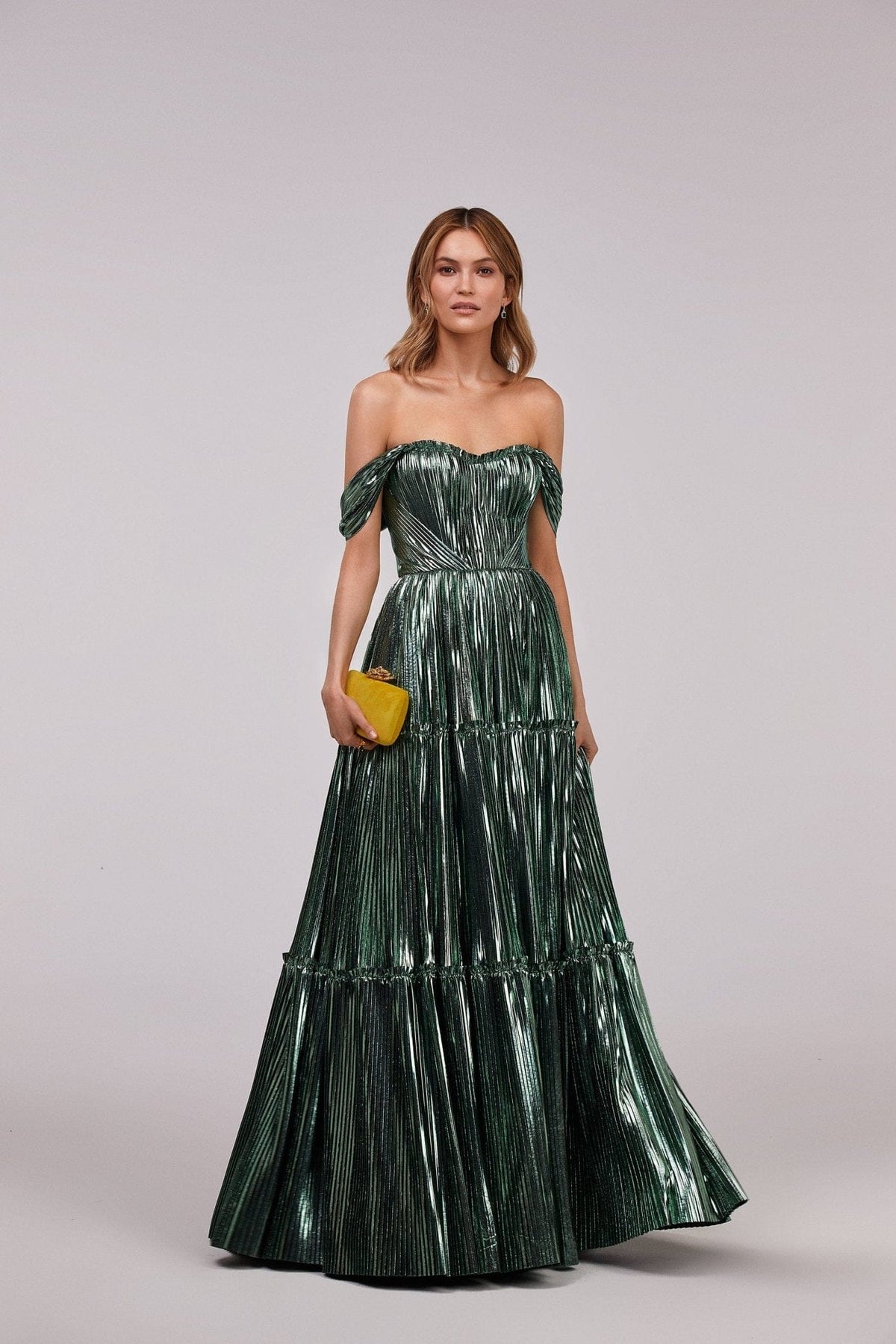 Emerald Green Shiny maxi evening dress with an off the shoulder neckline