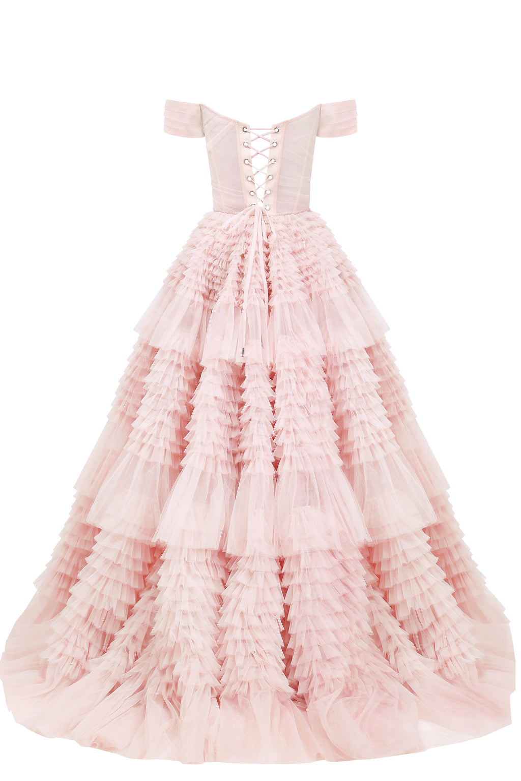 Misty Rose Off The Shoulder Frill Layered Gown