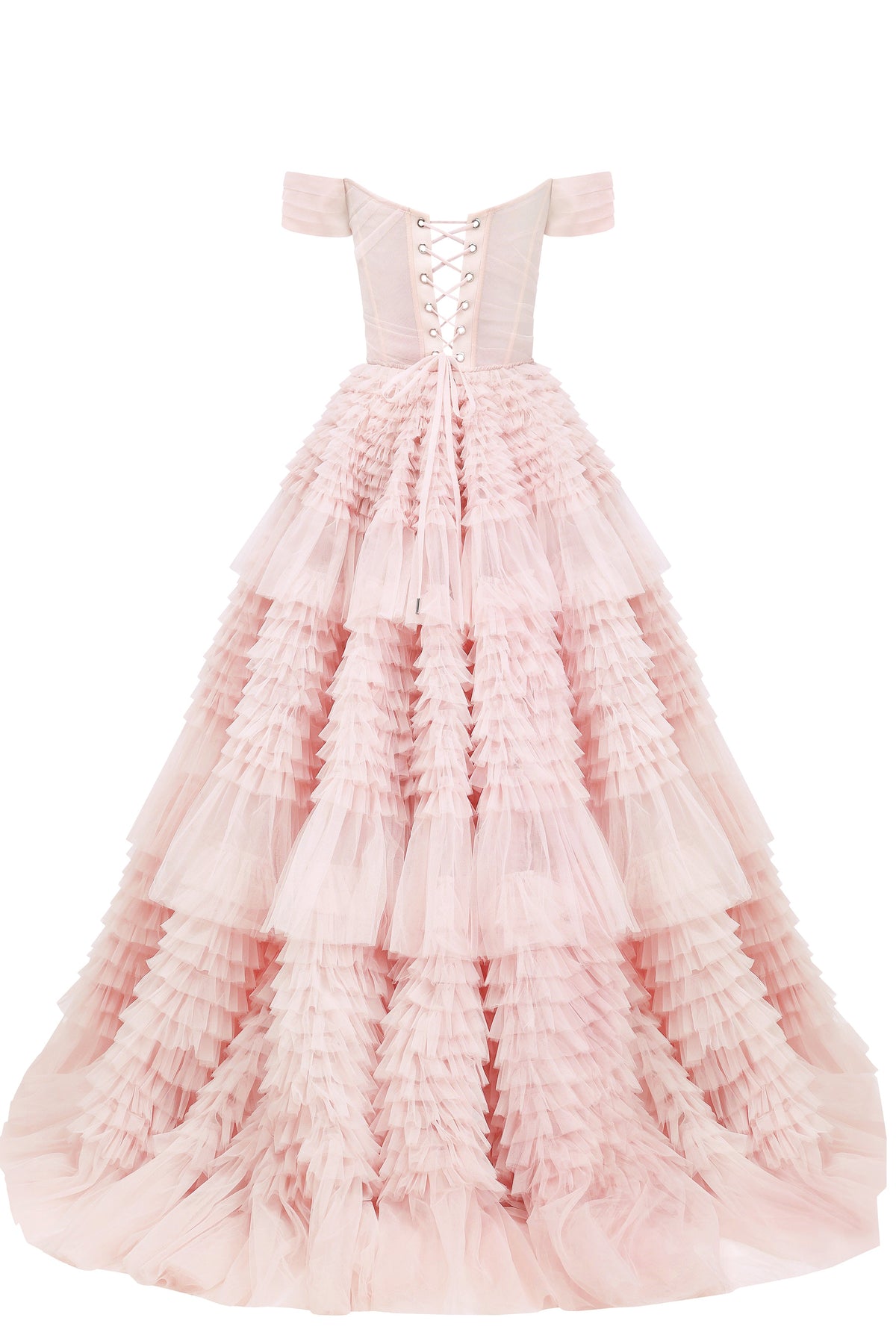 Misty Rose Off The Shoulder Frill Layered Gown