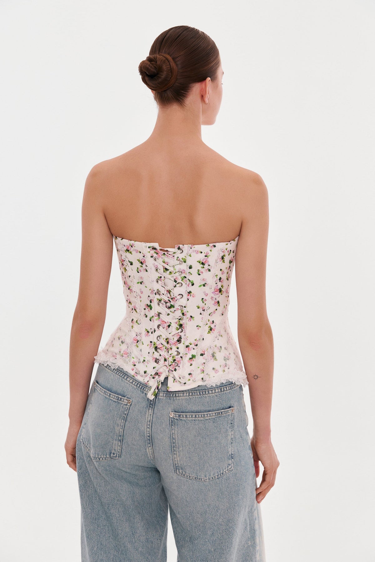 Romantic apple blossom corset with rosebud appliques