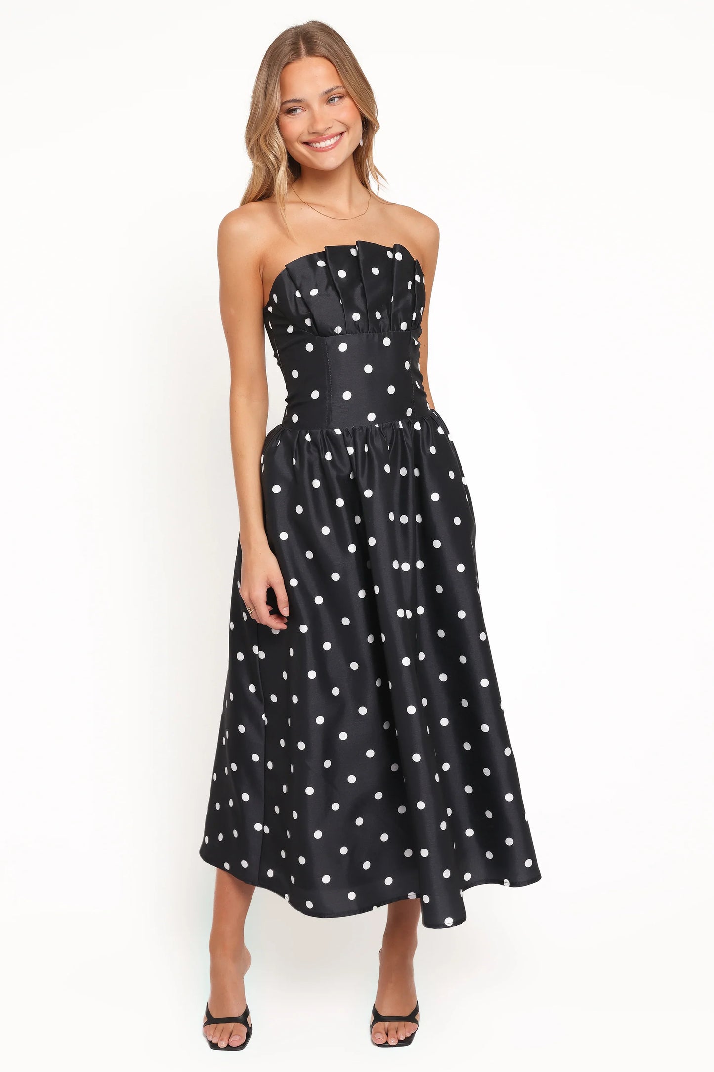 Kimbra Strapless Midi Dress Black Polka Dot
