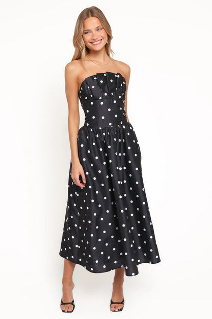 Kimbra Strapless Midi Dress Black Polka Dot