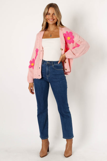 Clementine Flower Embroidered Open Front Cardigan Pink