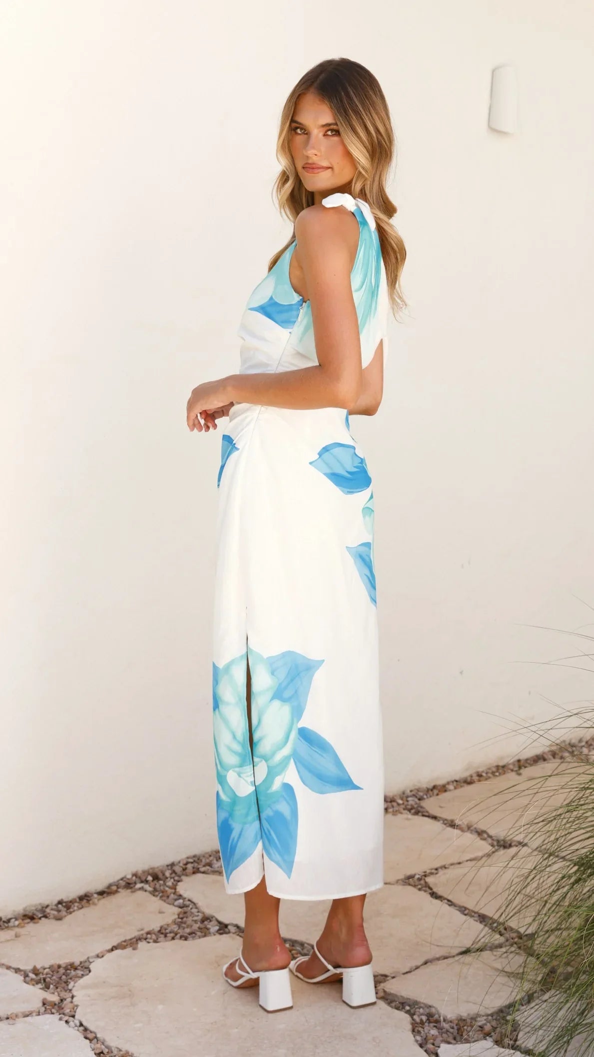Maisy Shoulder Tie Midi Dress Blue Teal