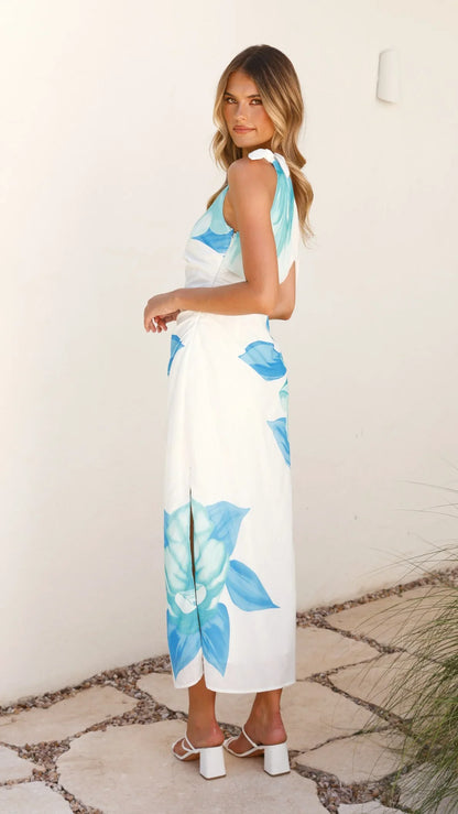 Maisy Shoulder Tie Midi Dress Blue Teal
