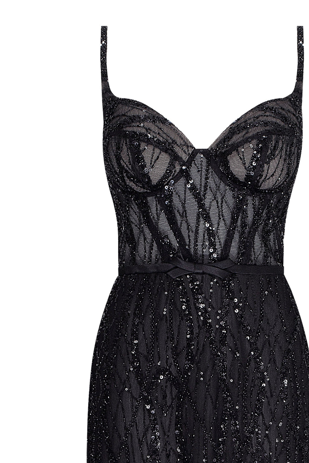 Astonishing sequined maxi gown on spaghetti straps with short briefs