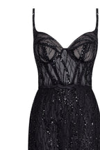 Astonishing sequined maxi gown on spaghetti straps with short briefs