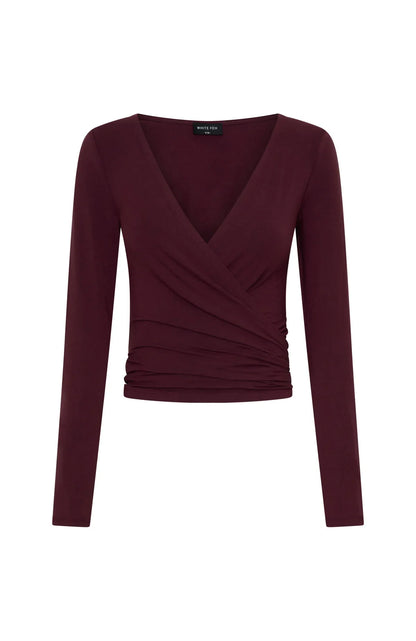 Staying Cute Long Sleeve Wrap Top Merlot