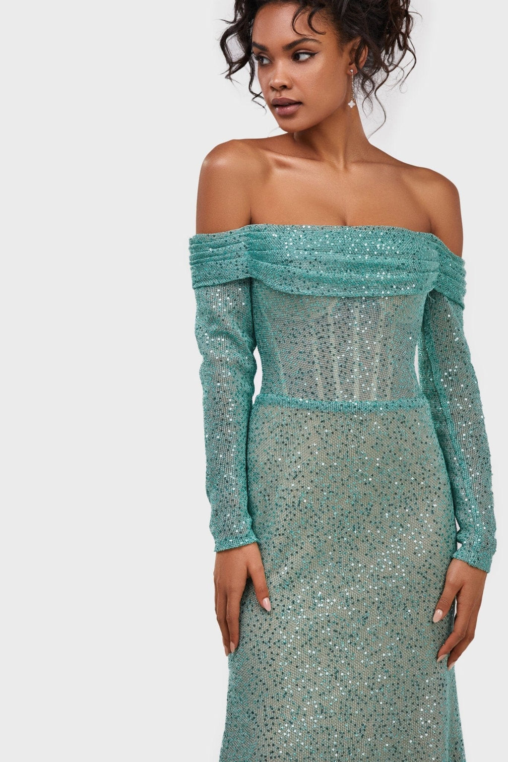 Mint Green Romantic off the shoulder sparkling long dress