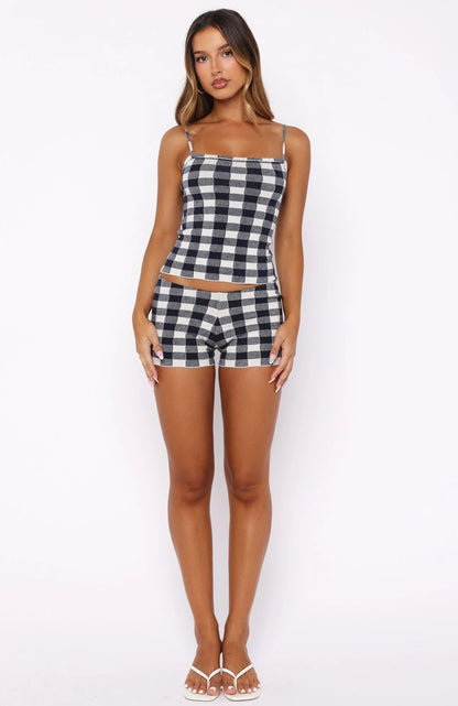Iconic Duo Knit Mini Shorts Navy Cream Gingham