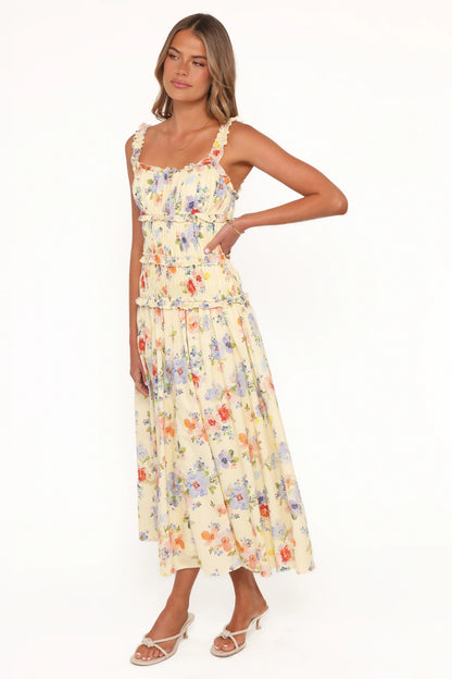 Enola Gather Midi Dress Yellow Floral