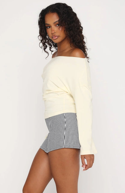 Falling For Him Cinched Waist Off Shoulder Long Sleeve Top Butter