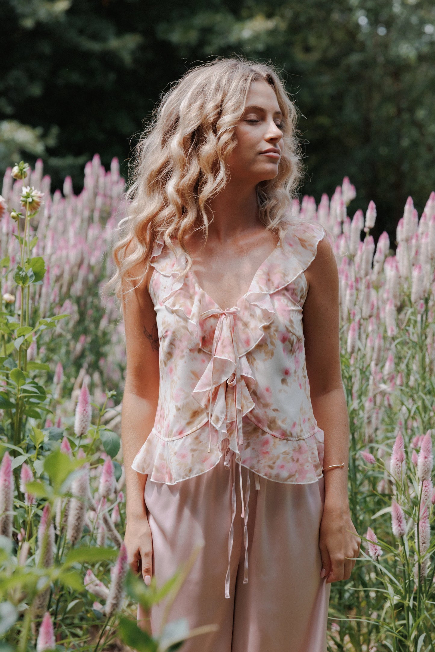 Ismena Tie Front Top Blurred Pink Floral