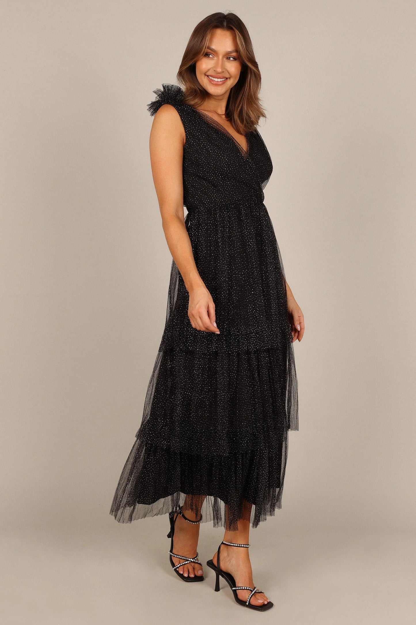 Asteria Tulle Tiered Maxi Dress Black Sparkle