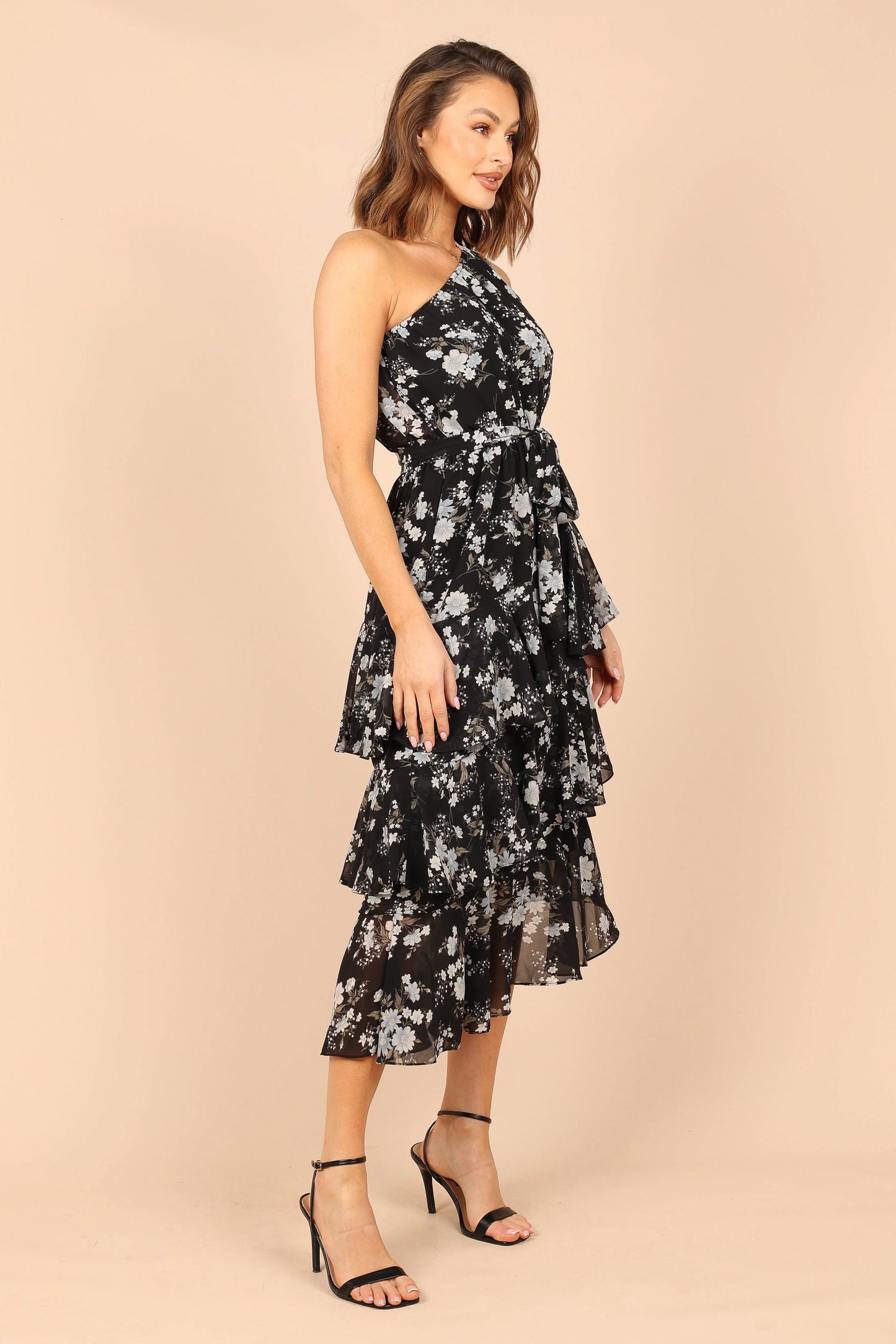 Brigette One Shoulder Tiered Midi Dress Black Floral
