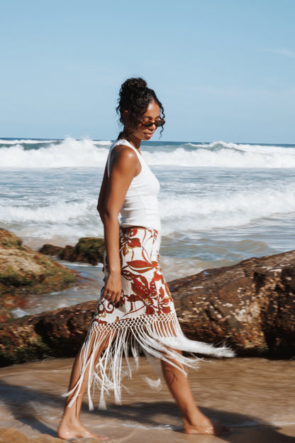 Shelby Midi Fringe Skirt Brown Floral