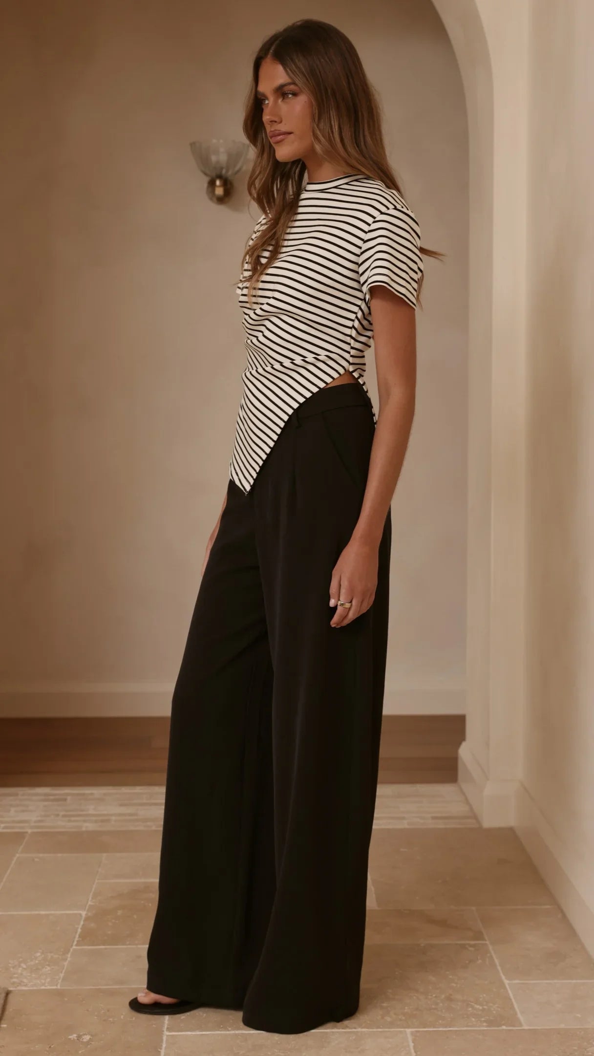Tiarna Side Ruched Tee Black White Stripe