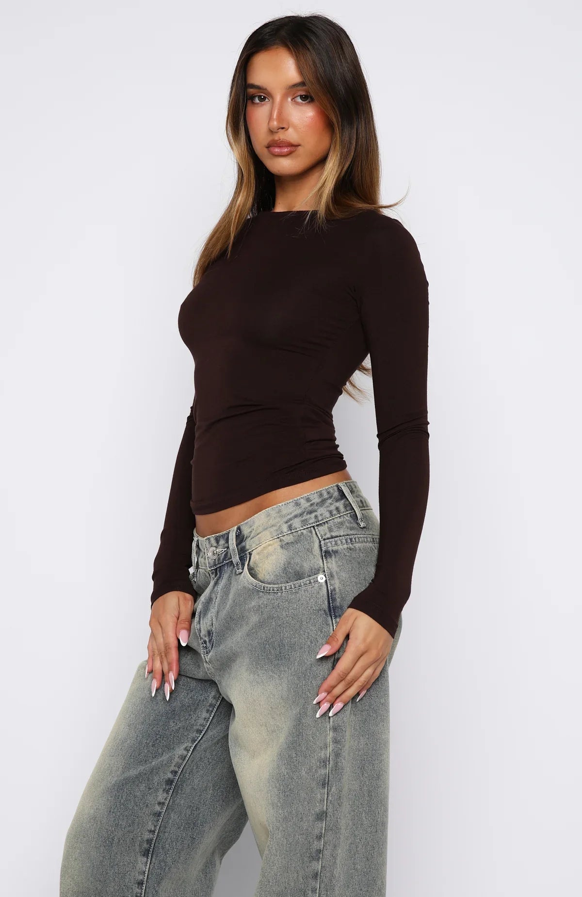 Only For Tonight Long Sleeve Top Dark Chocolate