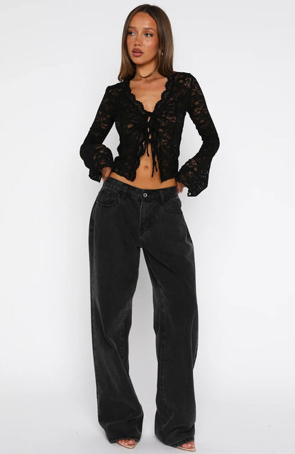 Oh So Careless Long Sleeve Lace Top Black