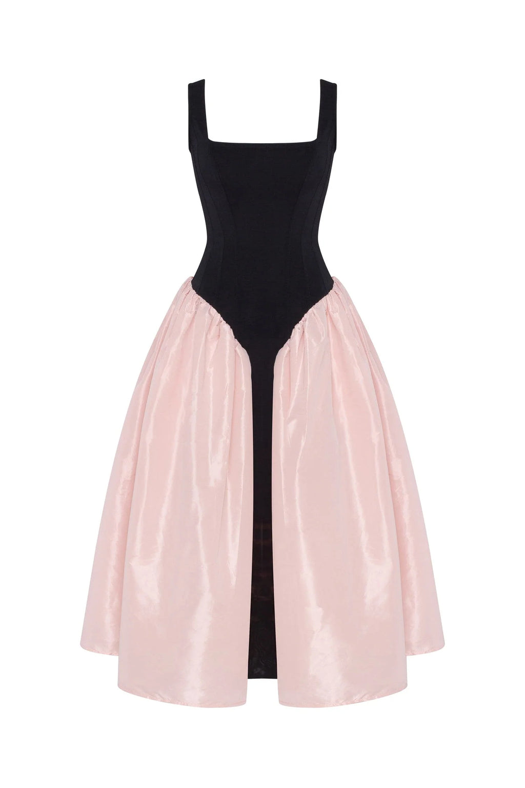 Black corset dress on straps with a glossy pink midi skirt