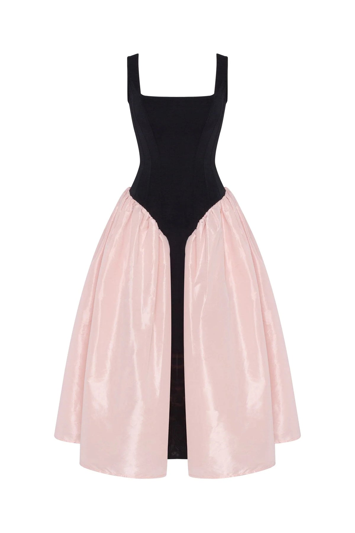Black corset dress on straps with a glossy pink midi skirt