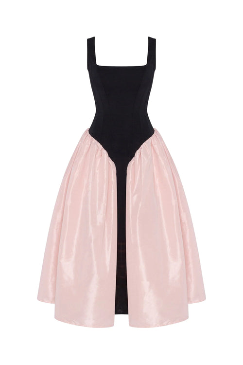 Black corset dress on straps with a glossy pink midi skirt