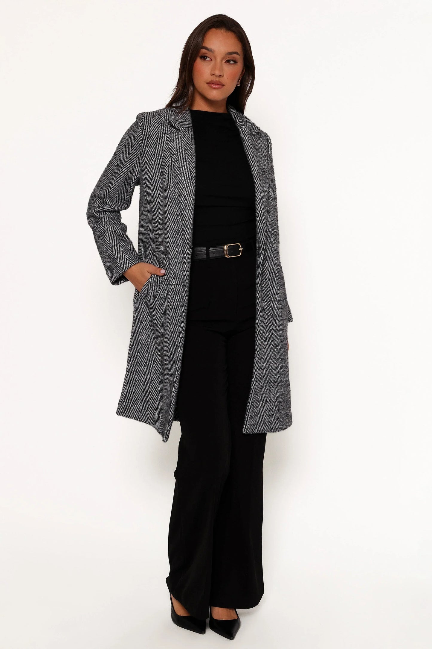 Nicoletta Single Button Herringbone Coat Black