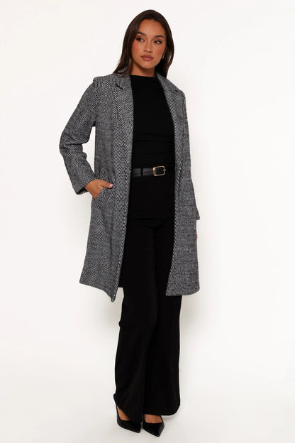 Nicoletta Single Button Herringbone Coat Black
