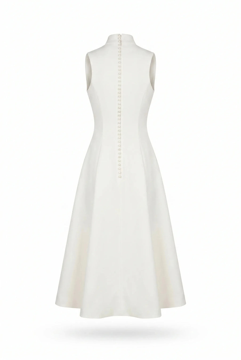 Elegant white midi dress with a high neckline