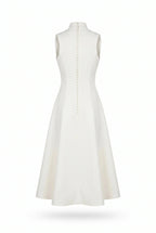 Elegant white midi dress with a high neckline