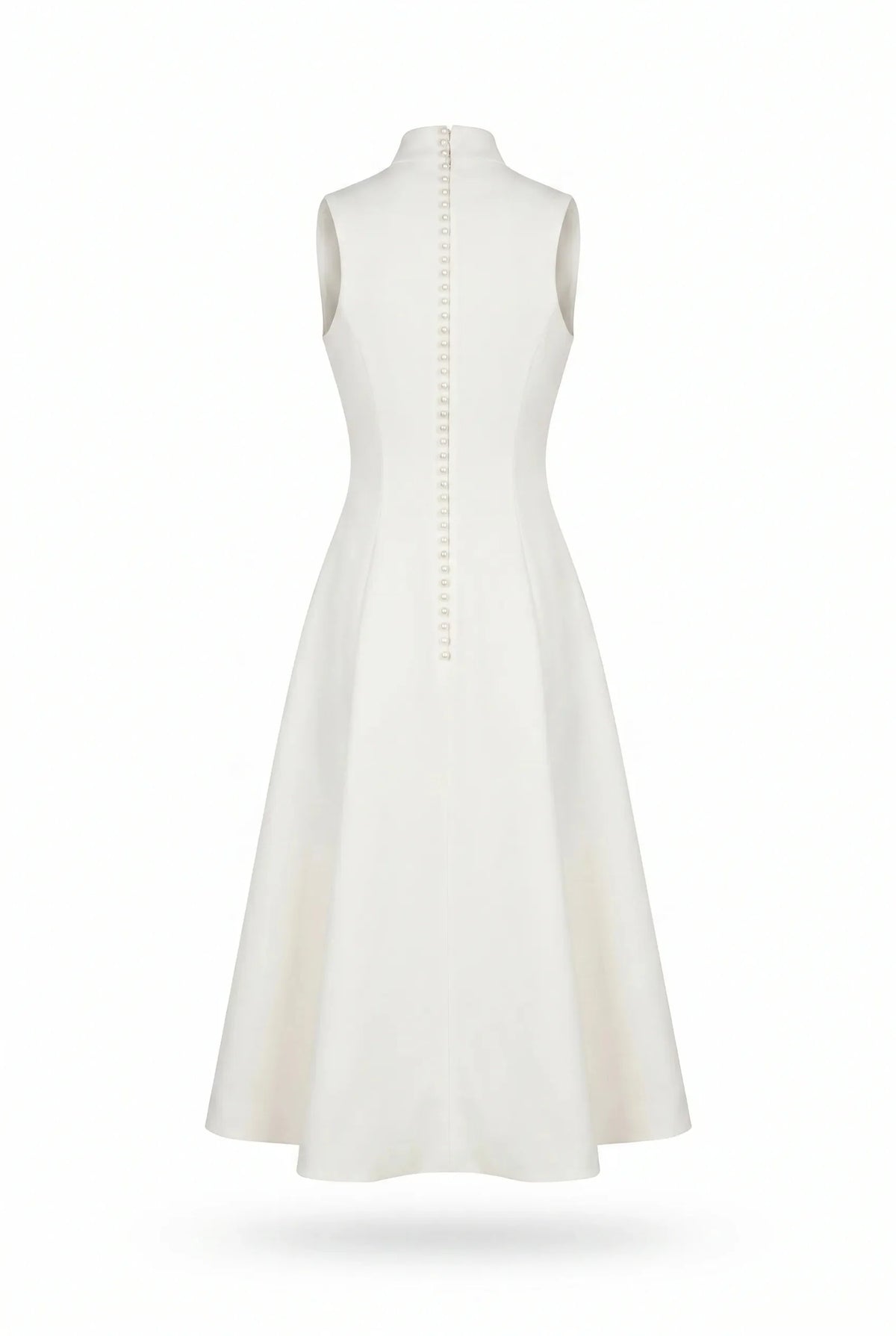 Elegant white midi dress with a high neckline