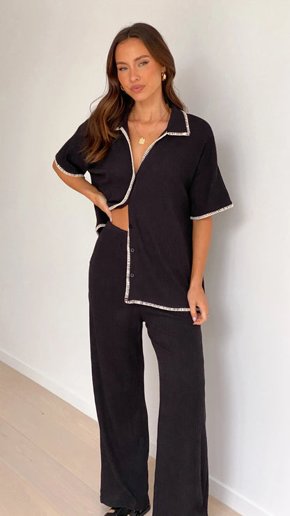 Madian Button Up Shirt and Pants Set Black