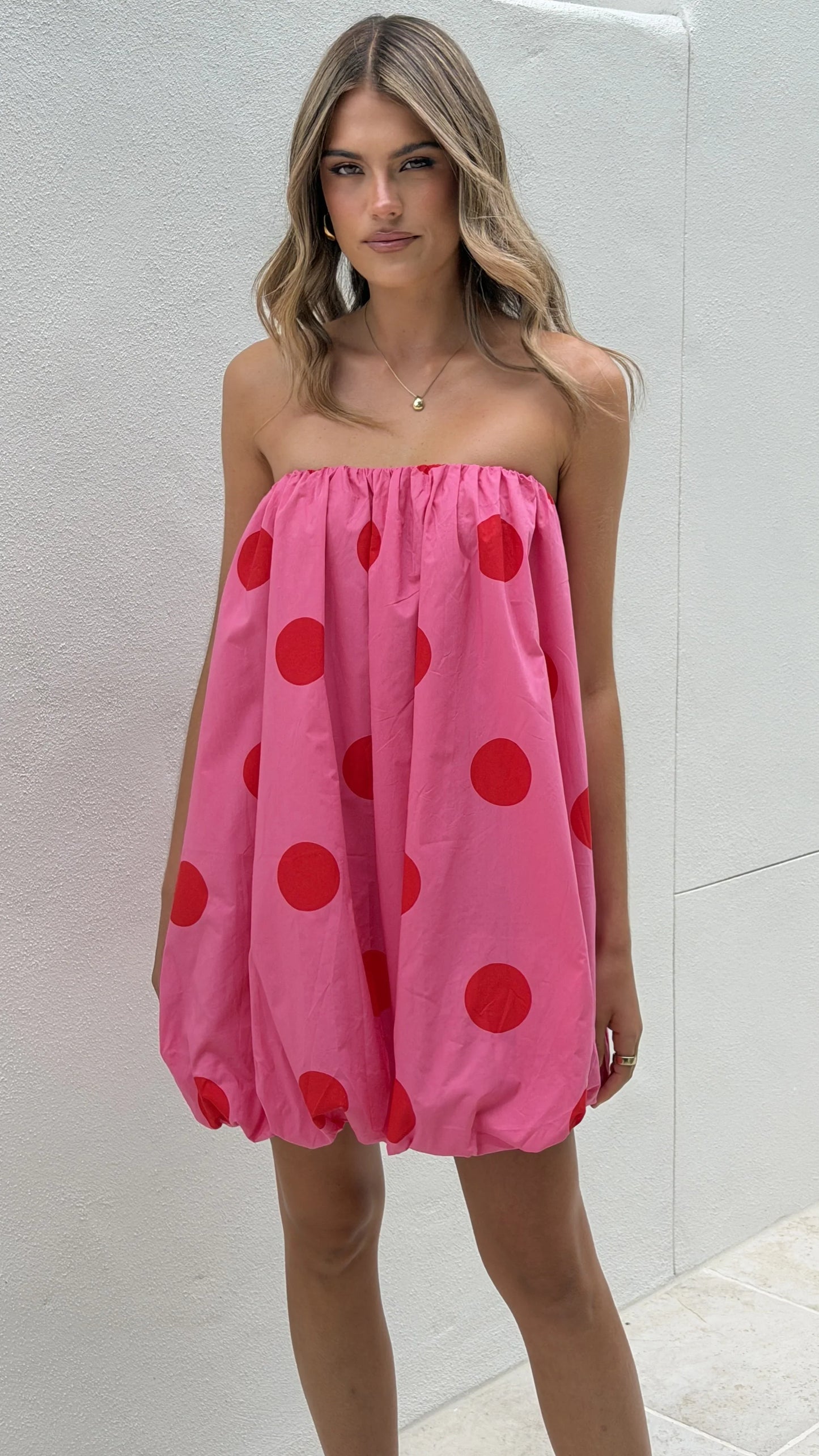 Everly Strapless Mini Dress Pink Red Polka