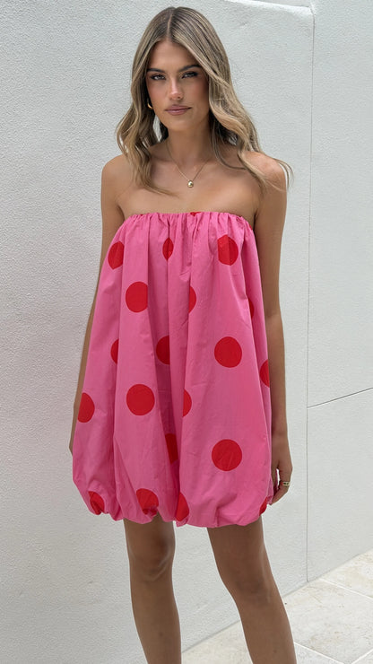Everly Strapless Mini Dress Pink Red Polka