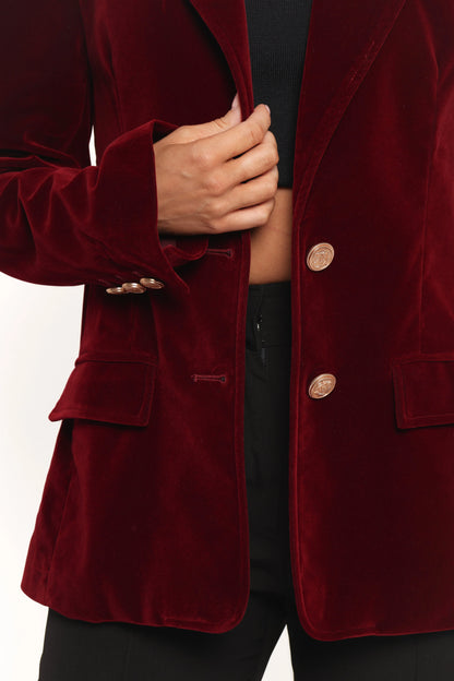 Zpya Single Button Velvet Blazer Berry