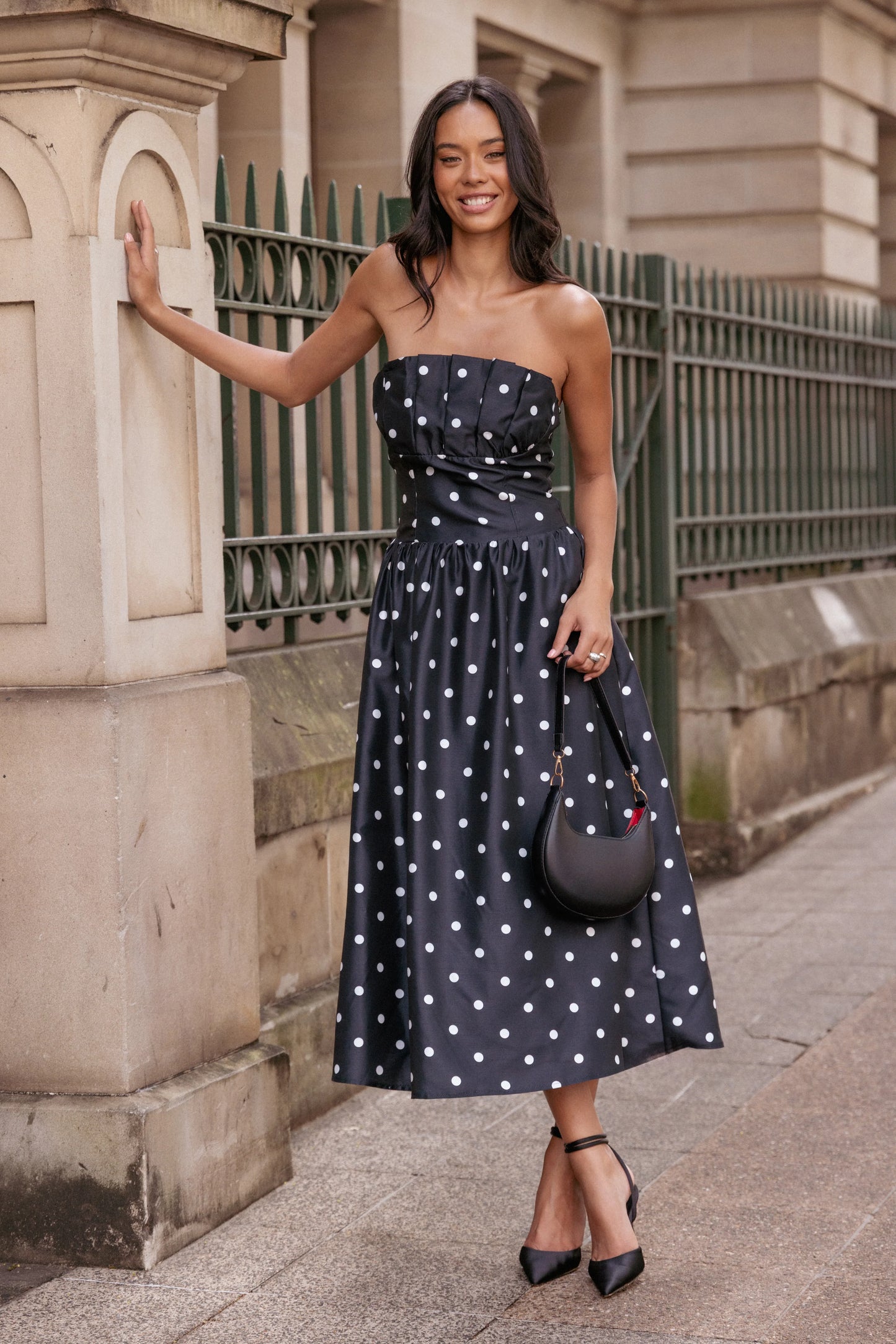 Kimbra Strapless Midi Dress Black Polka Dot