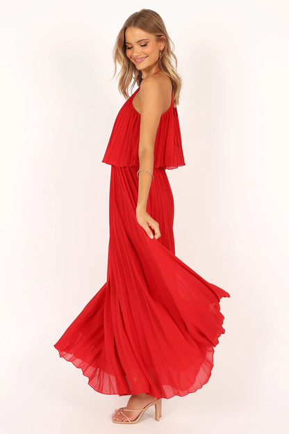Gia Pleated Halterneck Maxi Dress Red