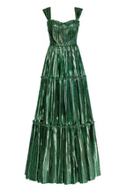 Emerald Green Shiny maxi evening dress with an off the shoulder neckline