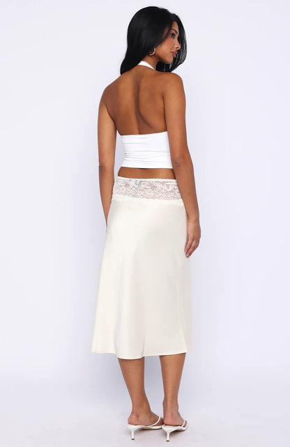 For A Long Time Lace Trim Midi Skirt Cream