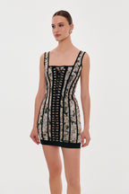 Alluring floral mini dress with bold lace up hook closure